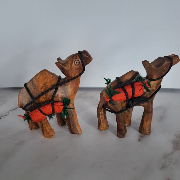 Handcrafted Wooden Camel Figurines with Orange Accents - Picture 1 of 3